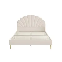 lit 140x200cm - tête de lit en forme de fleur, sommier à lattes, tissu en velours style scandinave - beige