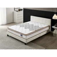 lit avec tête de lit + matelas 140x200cm ressorts ensachés épaisseur 28cm + lit avec tête de lit et sommier à lattes