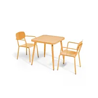 ensemble table de jardin et 2 fauteuils en aluminium jaune moutarde