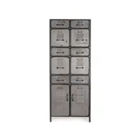 armoire de rangement vintage acier argenté 2 portes 10 tiroirs zaka 65.5 cm