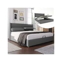lit adulte, lit coffre 160x200 cm avec appuie-têtes réglables, sommier à lattes, tissu en lin, gris