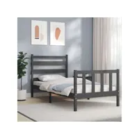 cadre de lit avec tête de lit gris 90x200 cm bois massif
