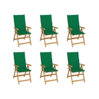 chaises de jardin 6 pcs avec coussins vert bois de teck