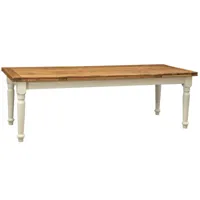 table à rallonge style  champêtre en bois massif de tilleul avec structure antique blanche et plan en finition naturelle l250xpr