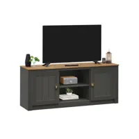 meuble tv bolton banc tv de 138 cm, avec rangement 2 portes et 2 niches, en pin massif lasuré gris anthracite et brun
