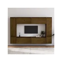 8 pcs meubles tv, banc tv, meubles télé avec etagères et rangement marron miel bois massif de pin meuble pro lww34175