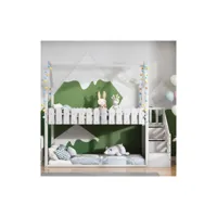 lit enfant avec clôture, escalier à 3 marches, 2 tiroirs, décor de clôture, en bois massif, blanc