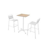 ensemble table haute stratifié  chêne naturel et 2 chaises blanc