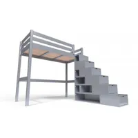 lit mezzanine bois avec escalier cube sylvia 90x200  gris aluminium cube90-ga