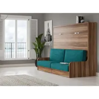 lit escamotable horizontal 140x200 avec canapé tissu kalian-avec matelas-coffrage noyer-façade noyer-canapé beige