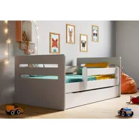 lit enfant avec barrière de sécurité amovible blanc et gris moly-matelas mousse-couchage 80x160 cm-tiroirs avec tiroir
