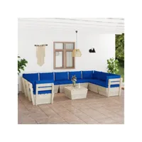convivialité et détente avec ce salon de jardin palette 10 pcs avec coussins épicéa imprégné - bleu