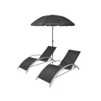 set de 2 chaises longues et 1 parasol polyester noir derino