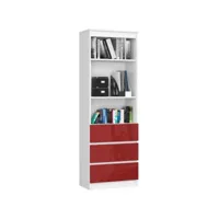 carlo - grande bibliothèque moderne - 2 étagères + 3 tiroirs - 180x60x35cm - rangement livres/déco - rouge
