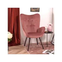 fauteuil salon au style scandinave avec un revêtement en velours rose, des accoudoirs rembourrés et des pieds en bois massif (hêtre)