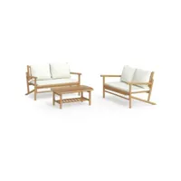 3 pcs salon de jardin - ensemble table et chaises de jardin avec coussins blanc crème bambou togp19768