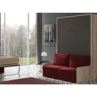 lit escamotable vertical 90x190 avec banquette kozza-avec matelas-coffrage noyer-façade gris anthracite-canapé rouge