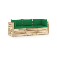 canapé de jardin 3 places avec coussins bois imprégné de vert 5