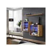 ensemble meubles de salon switch sbiii design, coloris chêne wotan et porte vitrée avec système led intégré.