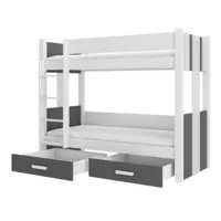 lit superposé blanc et gris graphite 2 couchages 80x180 ou 90x200 avec tiroirs de rangement luka-couchage 90x200 cm