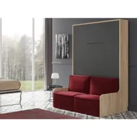 lit escamotable vertical 160x200 avec banquette kozza-coffrage noyer-façade gris anthracite-canapé rouge