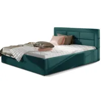 lit avec coffre et tête de lit capitonnée velours bleu canard rizaro-couchage 140x200 cm