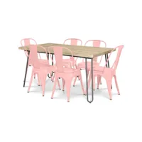 pack table à manger - design industriel 150cm + pack de 6 chaises à manger - design industriel - hairpin stylix orange pâle