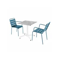 ensemble table terrasse stratifié marbre et 2 fauteuils bleu pacific