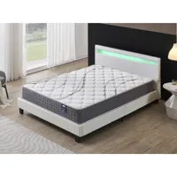 lit avec tête de lit + matelas 140x200cm ressorts ensachés épaisseur 25cm + lit, tête de lit led et sommier à lattes