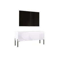 meuble tv en couleur blanc mat blanc brillant avec pieds droits en noir, d: l: 100 cm, h : 52 cm, p : 32 cm. meubles de salon, meuble tele, table tv