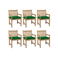 chaises de jardin 6 pcs avec coussins vert bois de teck solide