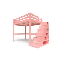 lit mezzanine bois avec escalier cube sylvia 140x200  rose pastel cube140-rosepas