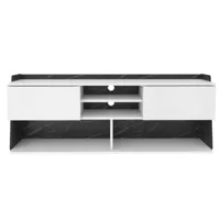 banc tv 2 portes 2 étagères 2 niches bois blanc et noir effet marbre palika 160 cm