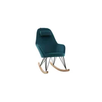 rocking chair design en tissu velours gaufré bleu canard, métal noir et bois clair jhene