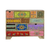 commode 14 tiroirs en bois de manguier, avec des détails peints à la main : 90x120x40 cm