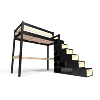 lit mezzanine bois avec escalier cube sylvia 90x200  noir,vernis naturel cube90-nv
