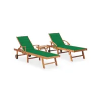lot de 2 transats chaise longue bain de soleil lit de jardin terrasse meuble d'extérieur avec table et coussin bois de teck solide helloshop26 02_0012091