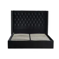 lit coffre avec grande tête de lit capitonnée velours loumea-couleur noir-couchage 180x200 cm
