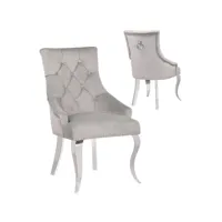 lot de 2 chaises de salle à manger design capitonné revêtement en velours gris clair et piètement baroque en acier inoxydable argenté  collection angelo viv-95710