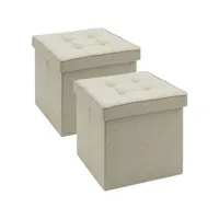 lot de 2 tabouret cube de rangement-couvercle amovible siège en lin-37.5x37.5x38cm-beige