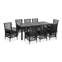 table rectangulaire et 8 chaises de jardin résine tressée noir coussins gris kaila