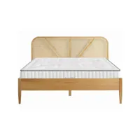 ensemble lit adulte 180x200 cm en bois avec tête de lit en cannage leonie + matelas latex naturel latex luxury