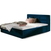 lit avec coffre et tête de lit capitonnée velours bleu rizaro-couchage 160x200 cm