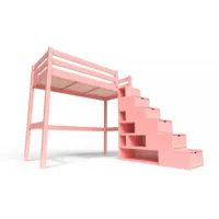 lit mezzanine bois avec escalier cube sylvia 90x200  rose pastel cube90-rosepas