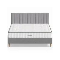 ensemble lit adulte 160x200 cm en velours gris clair avec tête de lit matelassée eliot + matelas latex naturel latex luxury