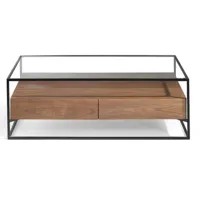table basse 2 tiroirs bois de noyer et pieds métal noir baliko 120 cm