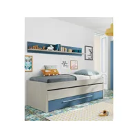 lit simple dmialic, cadre de lit pour chambre à coucher, lit simple avec lit extractible et tiroir et étagère assortie, 199x96h65 cm, blanc et bleu 8052773794794