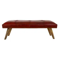 banc d'assise, banquette en cuir coloris bordeaux et bois coloris naturel  - longueur 115 x profondeur 53 x hauteur 38 cm