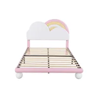 lit enfant rembourré en similicuir - 140x200 cm - avec tête de lit réglable en forme d'arc-en-ciel nuage - rose