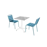ensemble table de terrasse stratifié marbre et 2 chaises bleu pacific